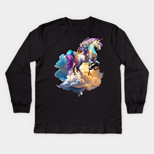 Mythical Unicorn sunny horse clouds splash watercolor fantasy magic tale romance illustration Kids Long Sleeve T-Shirt